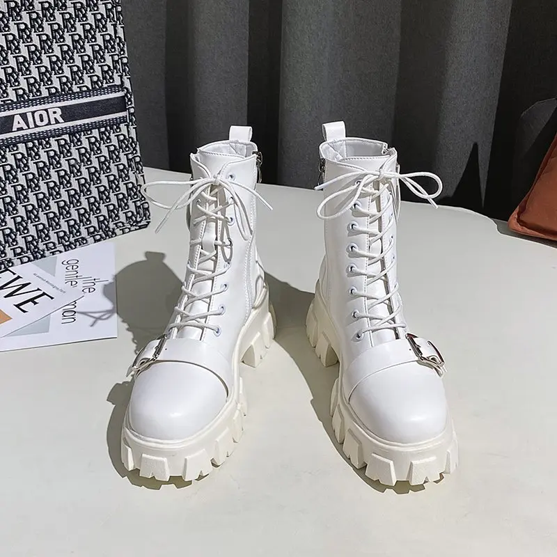

Hot Botas Women Motorcycle Ankle Boots Wedges Female Lace Up Platforms Spring Black Leather Oxford Shoes Woman 2021 Botas Mujer