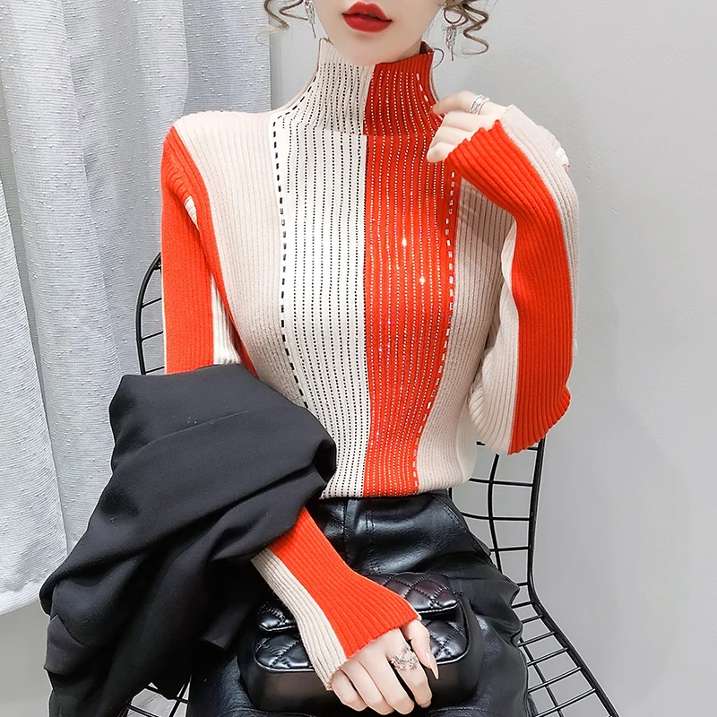 Свитер бриллианты с воротником хомут новая зимняя облегающая сращенная