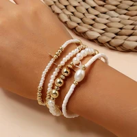 4pcsset fashion gold color beads pearl sequins multilayer polymer clay beaded bracelets set for women charm party jewelry gift