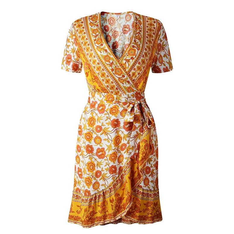 

Summer Vintage Short Dress for Women Slim High Waist Printing Female Dresses 2020 V Neck Short Sleeve a Line with Sashes Vestido