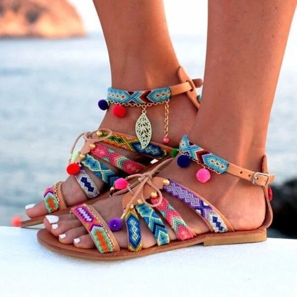 

Large size sandals women's Bohemian fish mouth ball family style flat sandals