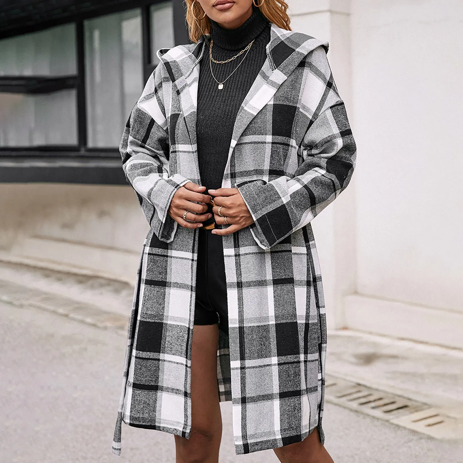 Fashion Elegant Women's Autumn Jackets Coat Long Sleeve Hooded Jackets For Women Lace-Up Plaid Jackets Women chaqueta mujer