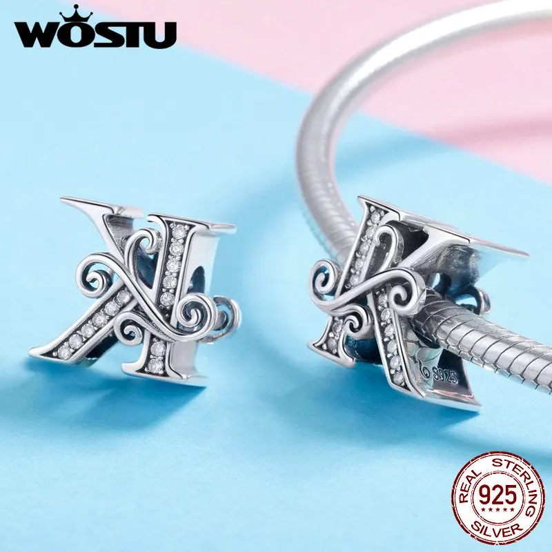 WOSTU, 925 пробы, серебро A-Z, 26 букв, ослепительные бусины, подходят к оригинальному браслету, подвеска, браслет для женщин, ювелирные изделия CTC030