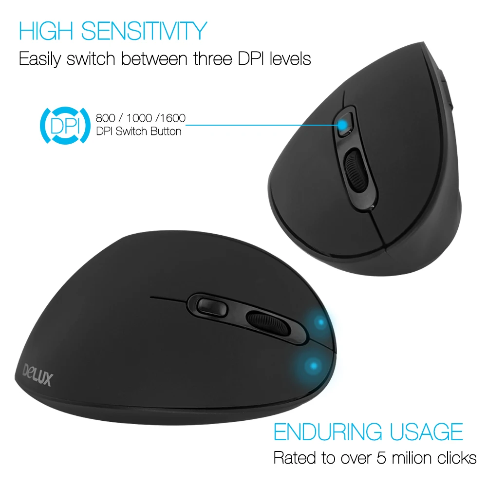 Мышь Вертикальная оптическая Delux 1600DPI USB 6D с адаптером 2 4 ГГц|Мыши| |