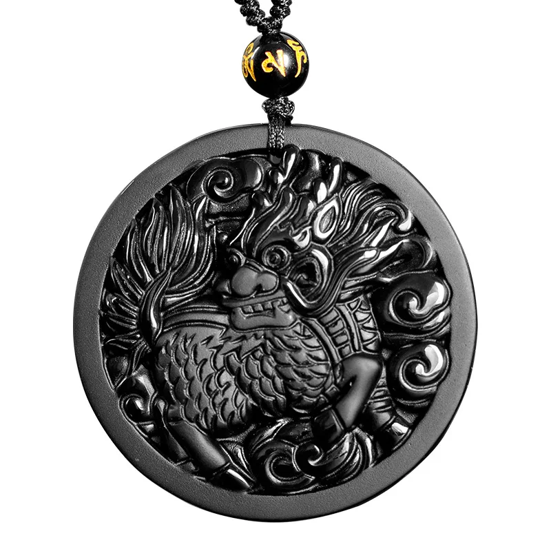 Натуральный черный обсидиан Кирин Единорог нефрит кулон ожерелье Китайский