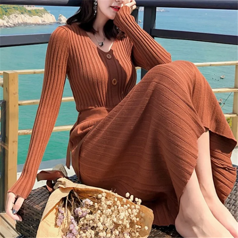Женское платье-свитер, корейские женские свитера, Платья Vestidos De Fiesta, Женское шерстяное вязаное платье с высокой талией и v-образным вырезом, платья-кардиганы платья женские вязаное платье трикотажное платье