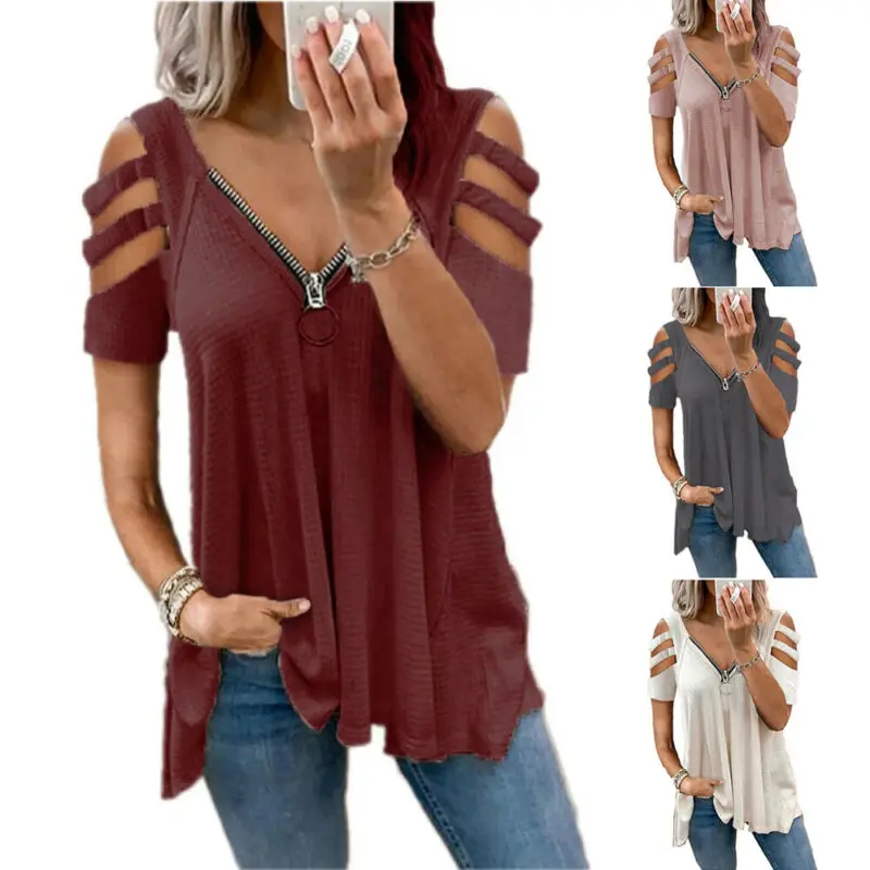

Summer Women Fashion Tops Sexy V-Neck Zipper Hollow Out t Shirt Short Sleeve Solid Casual T-Shirt Blouse Tops Female