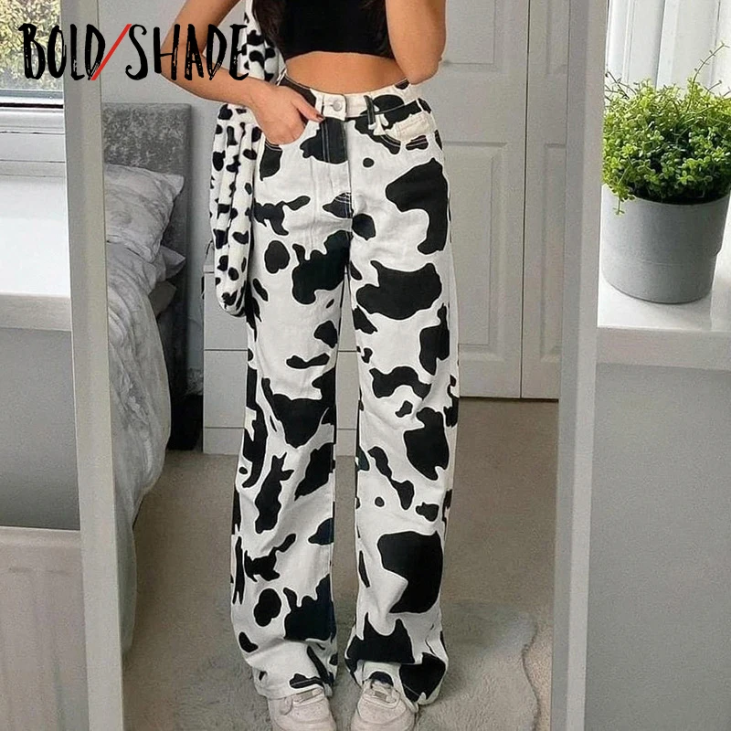 

Bold Shade Milk Cow Print Denim Jeans Indie Aesthetic Fashion Y2k Streetwear Straight Pants Skater Style High Waist Women Jeans