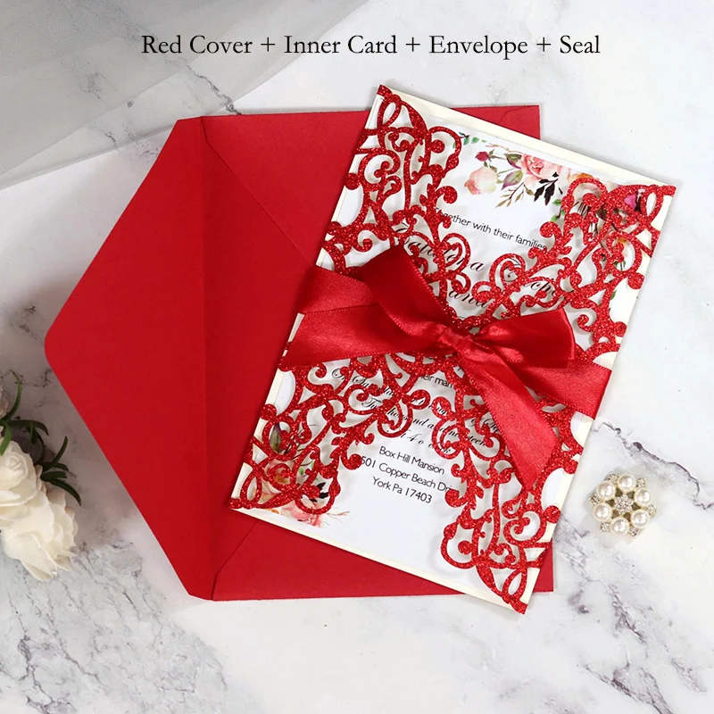 One Red Set 1 шт. золотисто-синяя Серебристая блестящая бумага лазерная резка свадебные пригласительные открытки с лентой индивидуальный Свадебный декор вечерние принадлежности - Цвет: One Red Set