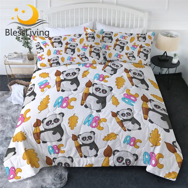 BlessLiving Pandas Bedding Queen Cartoon Air-conditioning Comforter for Kids Back to School Quilt Set Animal colcha verano 3pcs 1