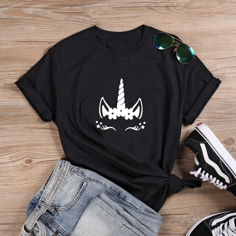 

Забавная футболка с головой единорога, женская летняя женская футболка с круглым вырезом, белая футболка, женские топы