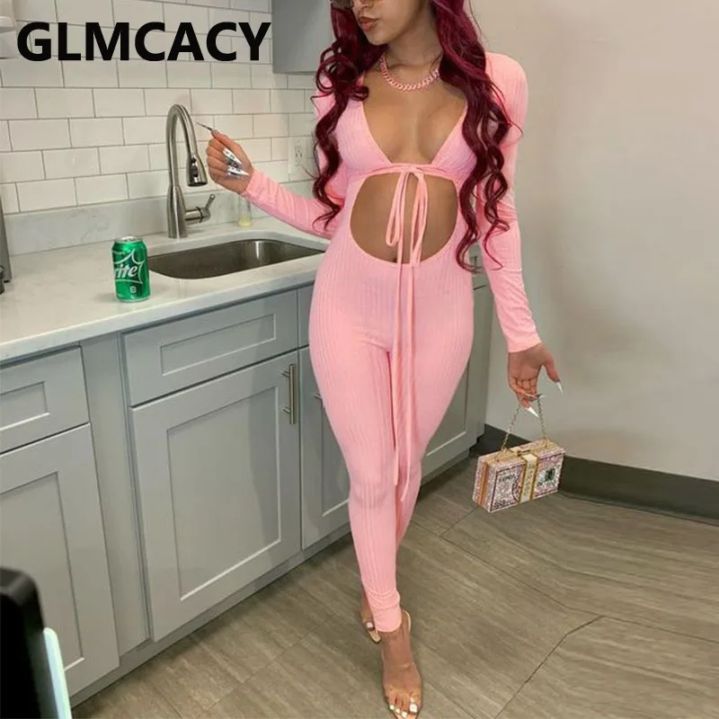 

Women Long Sleeve Ribbed Tie Front Jumpsuit Slim Sexy Party Club Overalls