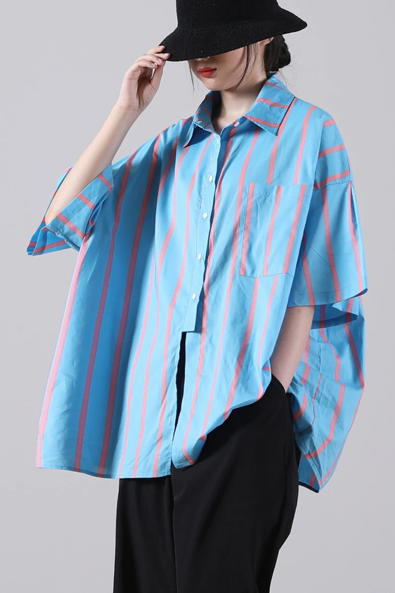 

SuperAen Summer 2021 New Loose Plus Size Literary Stripes Color Single-pocket Short-sleeved Shirts Women Tops