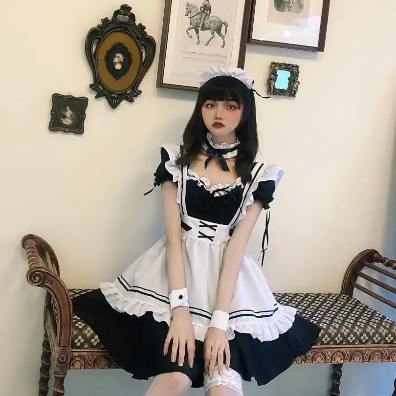 

Kawaii Maid Dress Lolita Maid Outfit Cute French Maid Cosplay Costumes Uniform Japanese Puff Sleeve Bandage Dresses p2505
