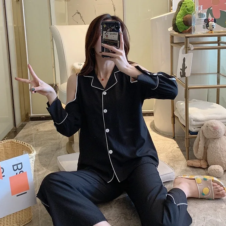 2021 New Spring Pajamas Women's 2Pcs Set Ice Silk Nightgown Long Sleeve Off Shoulder Suit Homewear Sleepwear Lounge Sets