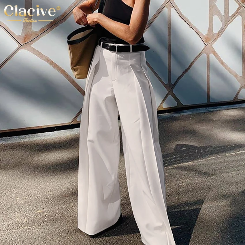 

Clacive Casual Beige Office Wide Leg Trousers Autumn High Wasit Pleated Women'S Pants 2021 Vintage Loose Palazzo Pants For Women