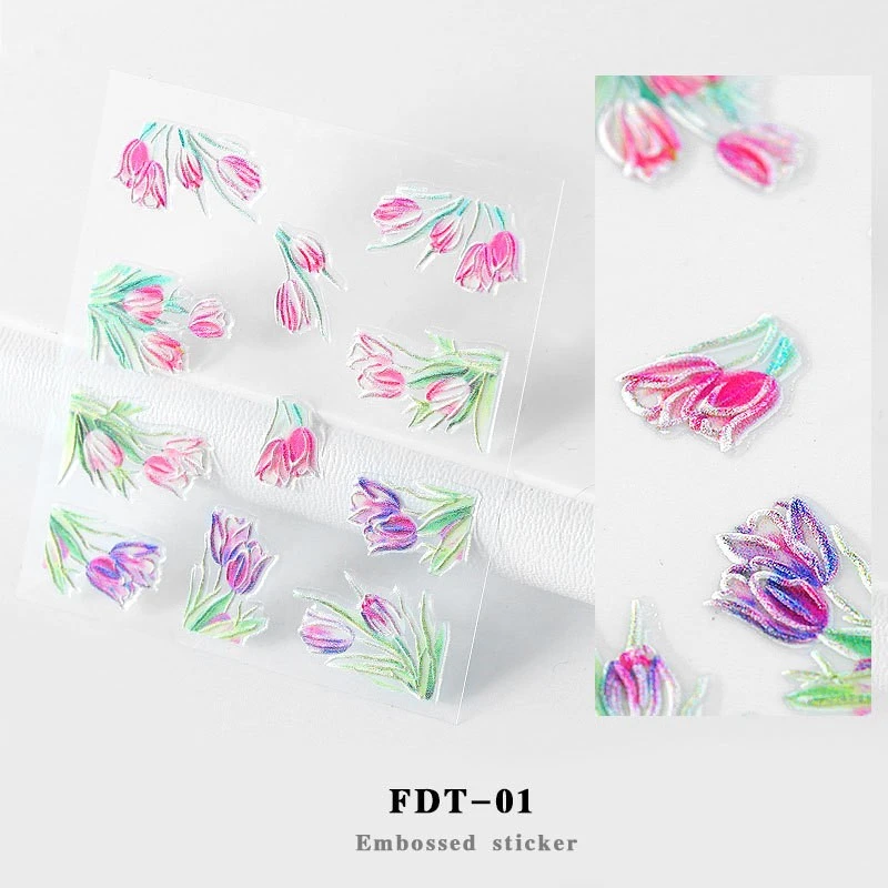 Hot 1PC 5D Acrylic Engraved Flower Nail Sticker Embossed Lace Flower Cute Cat Water Decals Empaistic Nail Water Slide Decals - Цвет: FDT-01