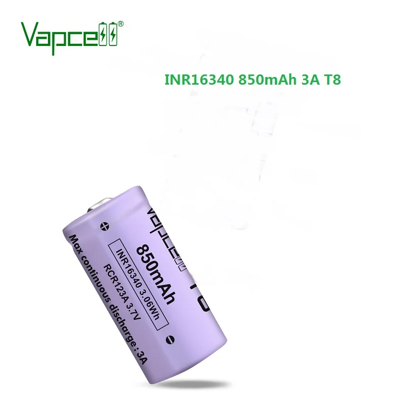 Vapcell Original 16340 850mah 3A T8 3.7V li ion battery rechargeable button top batteries for flashlight power tools HKJ test |
