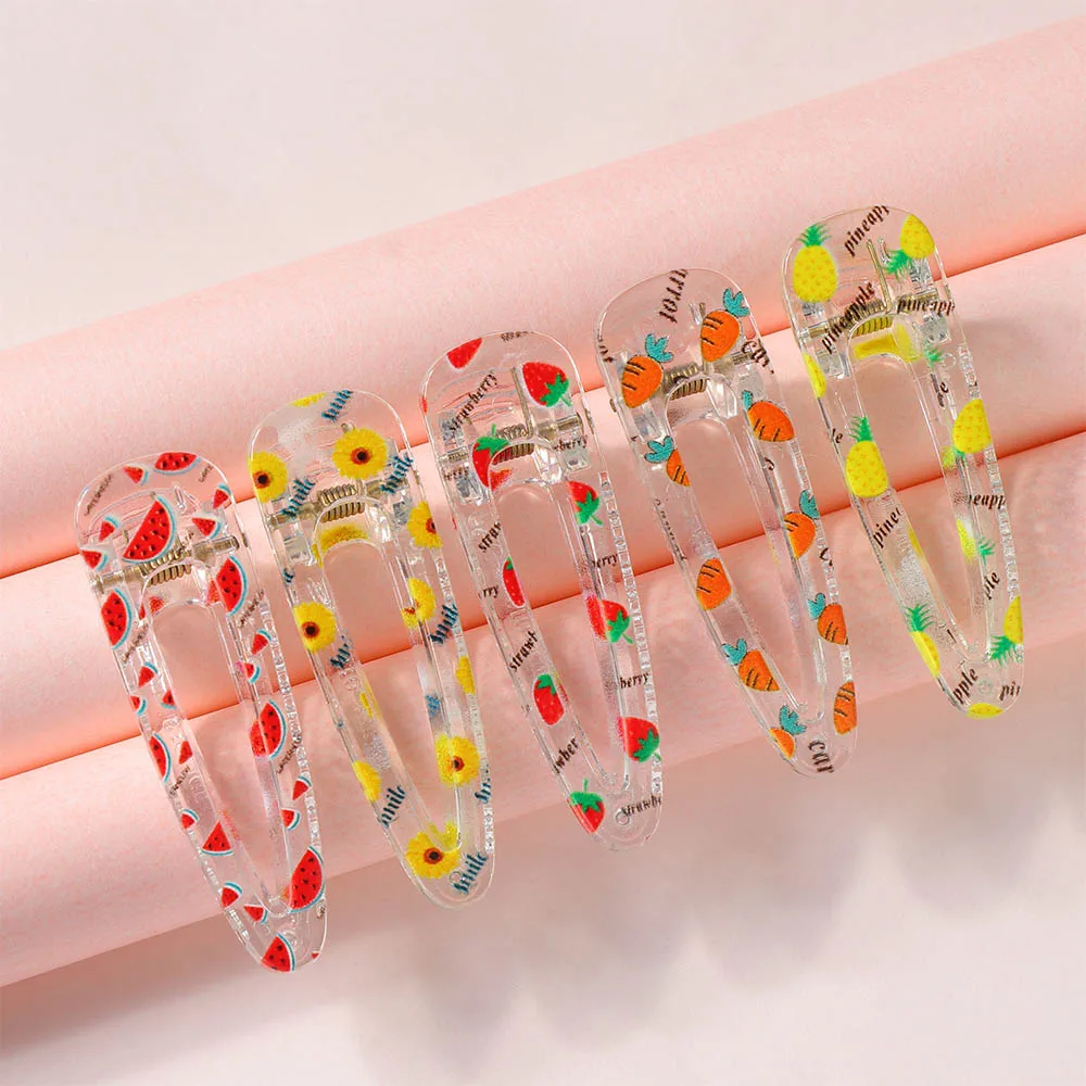 Horquillas transparentes con estampado de dibujos animados para ni&ntilde;a y ni&ntilde;o, horquillas de pico de pato con estampado de frutas, pasador de labios, 1 unidad-0