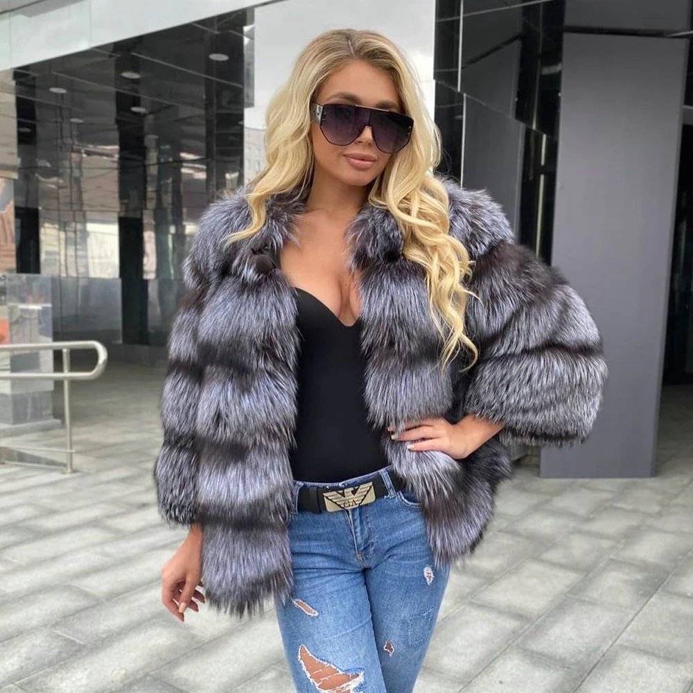 Women's Winter Real Silver Fox Fur Jacket O-neck Thick Warm Fashion Woman Genuine Whole Skin Fox Fur Coat Outwear Luxury Female