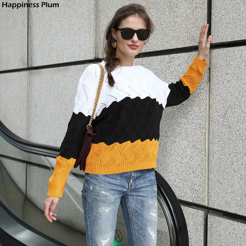 

Autumn Winter Contrast Color Women Sweater Casual Long Sleeve Pullovers Women Crewneck Knitted Tops Women Jumper Soft
