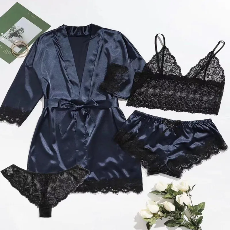 

4-Piece Ladies Satin And Lace Pajama Set, Silk, Home Pajamas, Nightgown