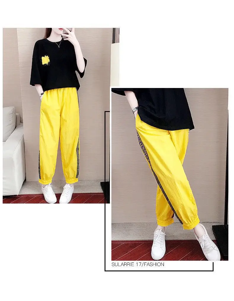 Повседневный летний спортивный комплект черная футболка + желтые штаны большие