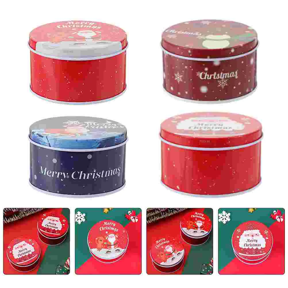 

4Pcs Christmas Round Food Grade Tin Boxes Cartoon Party Favor Boxes (Assorted Color)