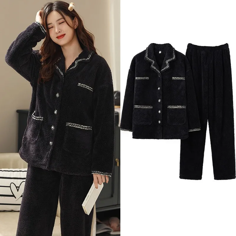

Black Coral Velvet 2PCS Women Pajamas Suit Winter New Loose Thicken Warm Homewear With Pocket Sleepwear Fashion Plush Nightwear