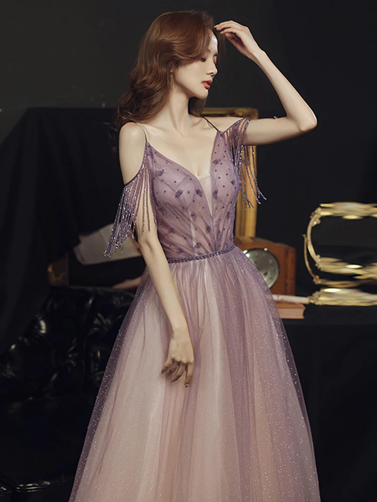 Роскошное вечернее платье с V-образным вырезом фиолетовое фэнтезийное бальное на