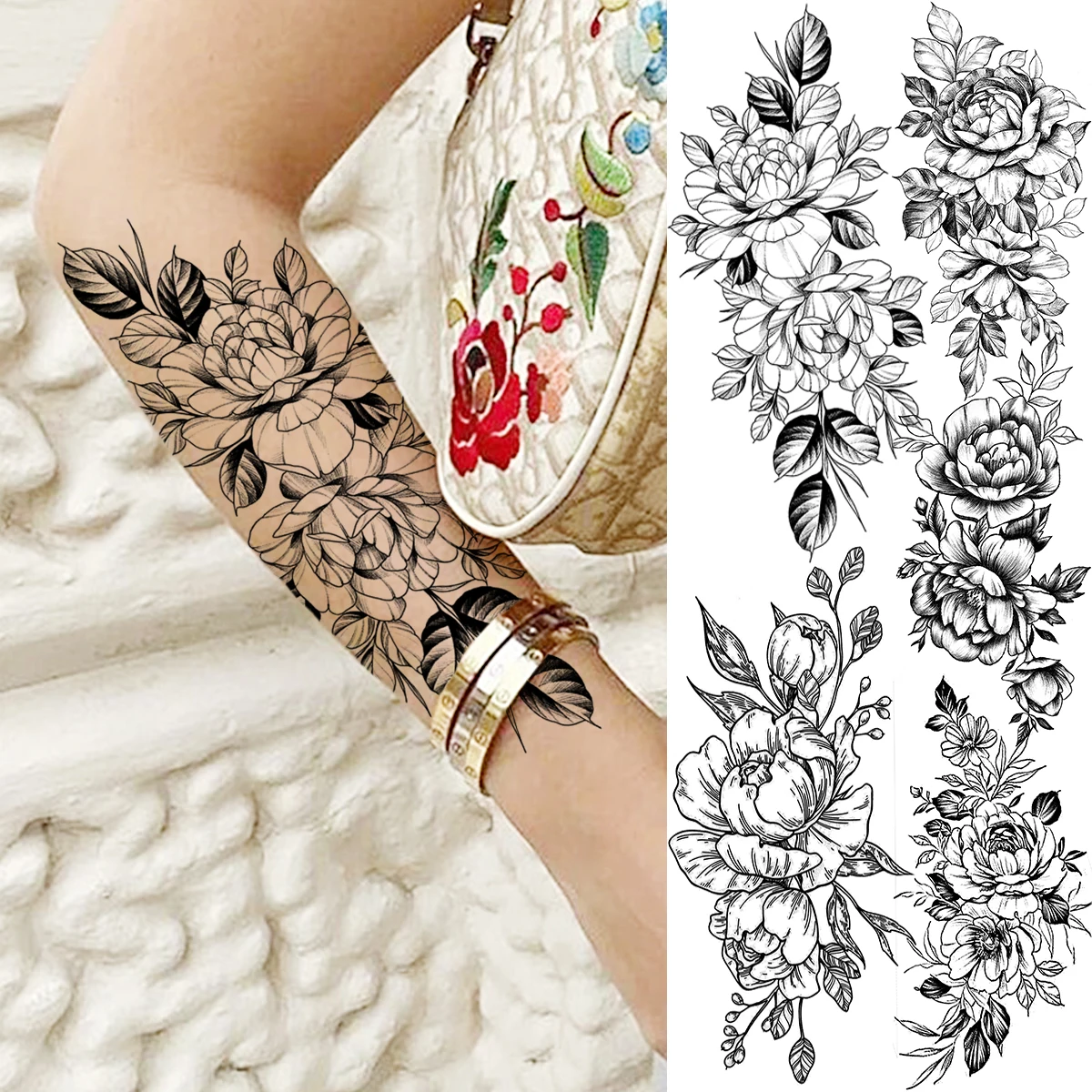 

Realistic Rose Flower Temporary Tattoos For Women Adult Girl Peony Fake Tattoo Sticker Sexy Forearm Water Transfer Tatoos Decal