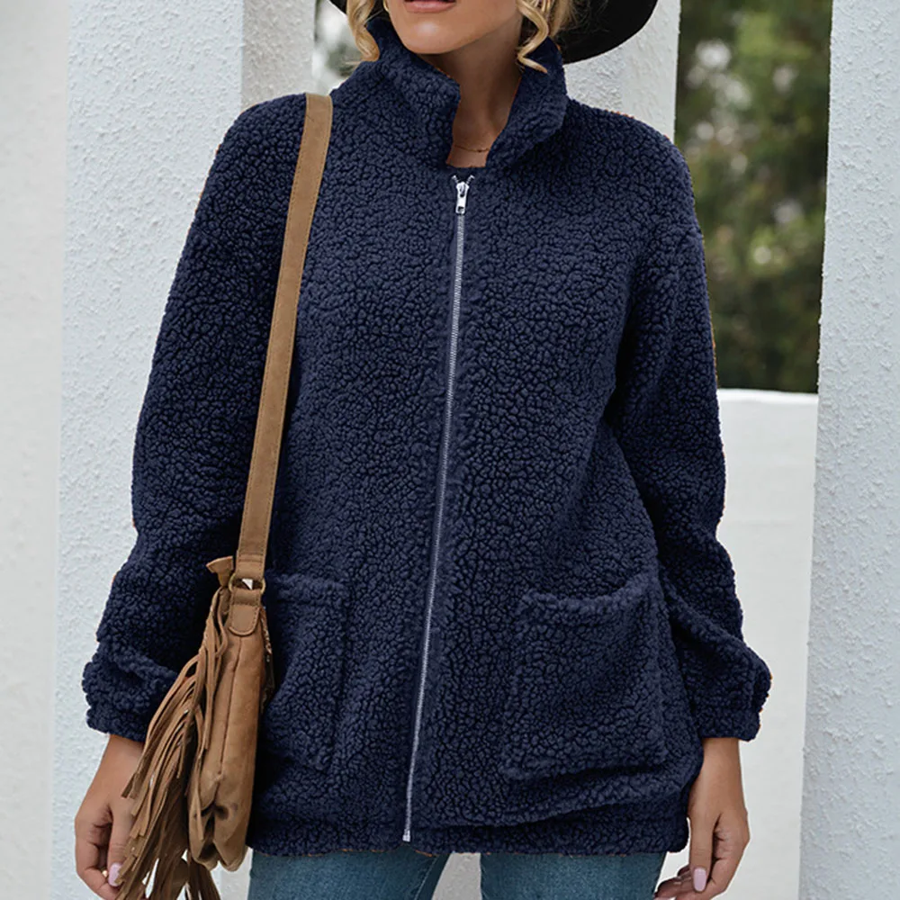 

Женская модная темно-синяя однотонная куртка с хлопковой подкладкой, минималистичный свободный утепленный Женский Топ с длинным рукавом, з...