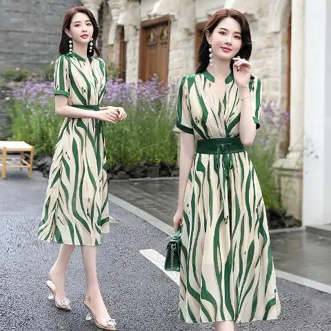 

Women 2021 Summer Fashion Short Sleeve Printed Dress Female New Long Loose Chiffon Dresses Ladies V-neck Bow A-Line Vestidos L26