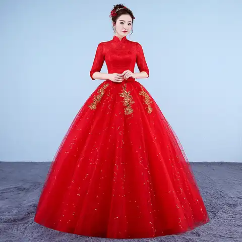 Wedding Dress Illusion High Half Embroidery Sequined Lace Tulle Backless Luxury Red Floor-Length Vintage Women Bridal Gown FB688