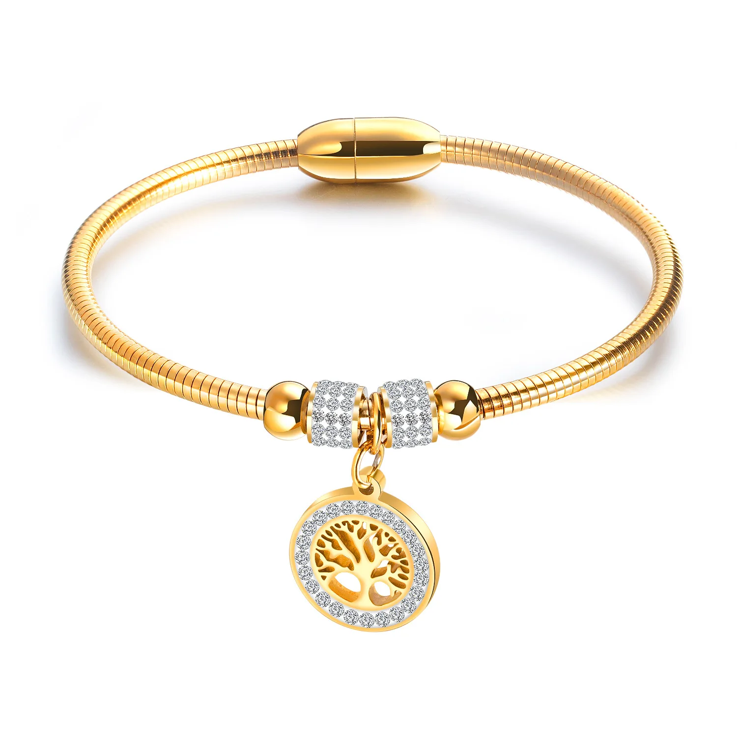 

Zircon Inlaid Tree of Life Stainless Steel Color Jewelry 2021 Trend Bracelet For Women Golden Round Bead Magnet Bracelet 18CM