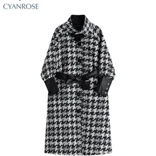 Spring Women Vintage Plaid Sashes Woolen Overcoat Korean Style Streetwear Outerwear Long Sleeve Sing
