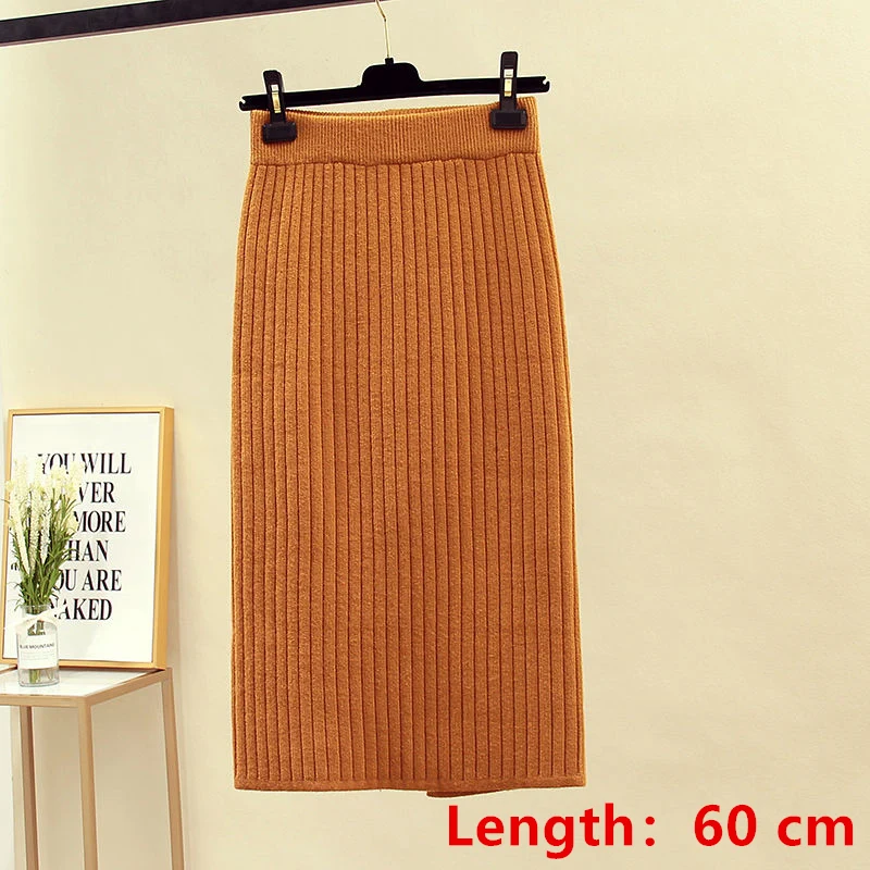 yellow-length 60cm 60-70 см эластичные женские юбки осень зима теплая трикотажная прямая юбка ребристая юбка средней длины черная - Цвет: yellow-length 60cm