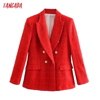 tangada women 2021 fashion office wear red tweed double breasted blazer coat vintage long sleeve pockets female outerwear be930