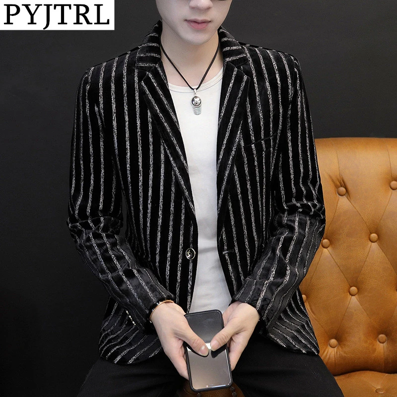 PYJTRL мужской осенний бархатный полосатый костюм куртка Модный повседневный
