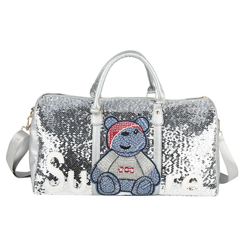 

Женская спортивная вместительная сумка через плечо с блестками из искусственной кожи с мультяшной вышивкой и медведем, дорожная сумка для ...