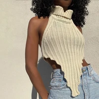 knitted worsted vest for women fashion irregular shape cut out high street style top cascading turtleneck sleeveless wear