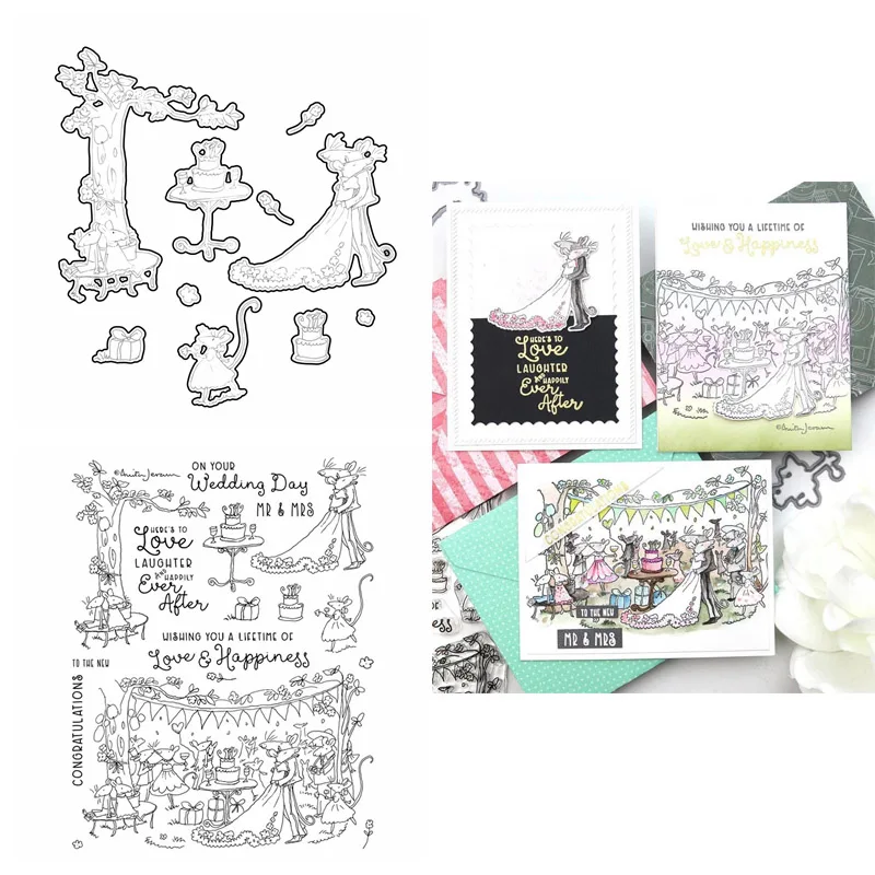 

Wedding Cake,Bride and Groom Mice Stamps 2021 New Happily Ever After Clear Stamps and Dies for DIY Scrapbooking Cards Making