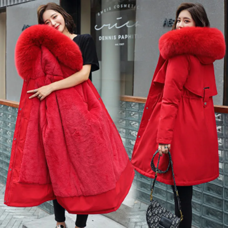 2021 new plus size plush parka coat fashion adjustable waist fur collar winter thick warm jacket women mid-length hooded parka