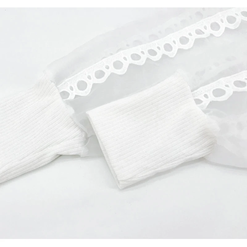 

Fashion Women Hollow Out Mesh Patchwork O-Neck T-Shirts Lace Ruffles See Through Long Sleeve Solid Pullovers Tops Female Spring