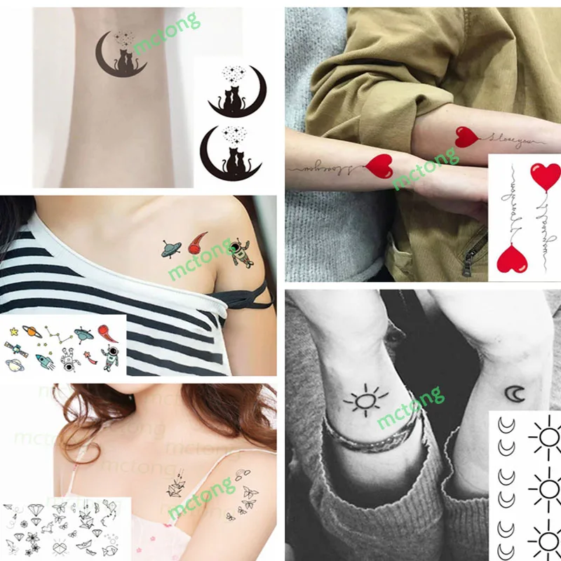 Водостойкая временная татуировка наклейка для пары черные кошки луна сердце