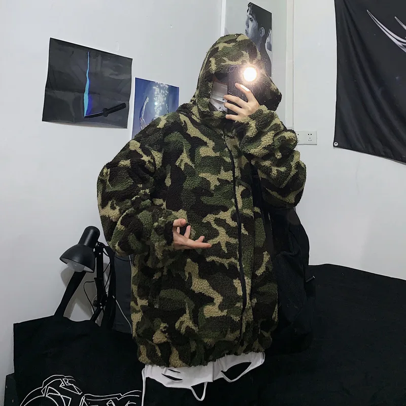 

Hooded Loose Coat Men and Women Fashion new faux Lambskin Camouflage Zipper
