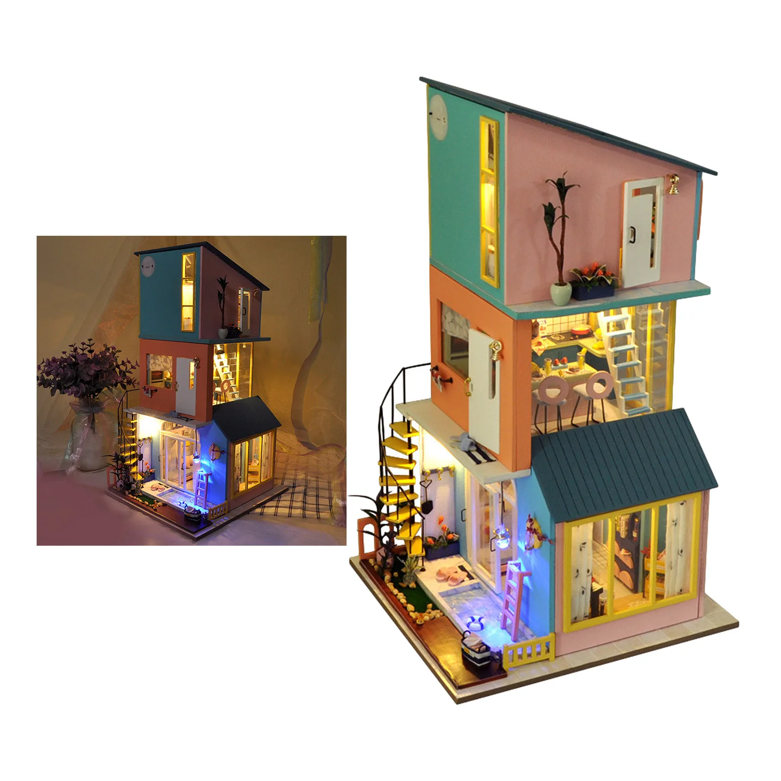 

LED Dollhouse Miniature Assemble Kit 3in1 Wooden House Creative Room DIY