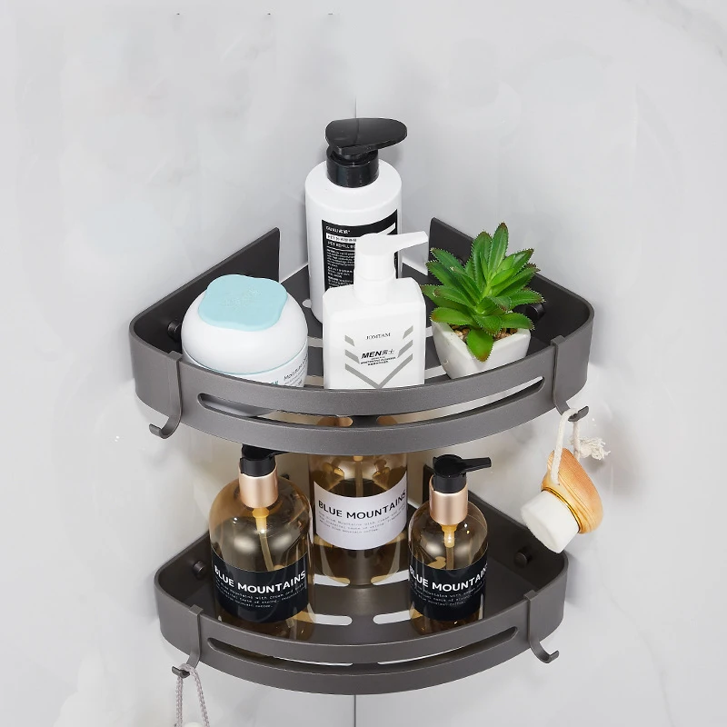 

Bathroom Accessories Grey Shower Corner Shelf Shampoo Holder Wall Shelf Kitchen Organizer Wall Mounted Space Aluminum Storage