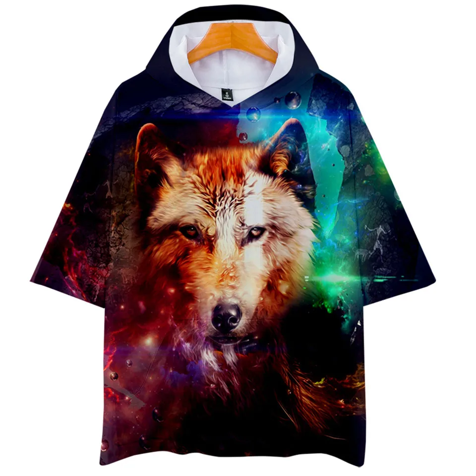 Космической галактики 3D и изображением волка футболка с капюшоном Мужская