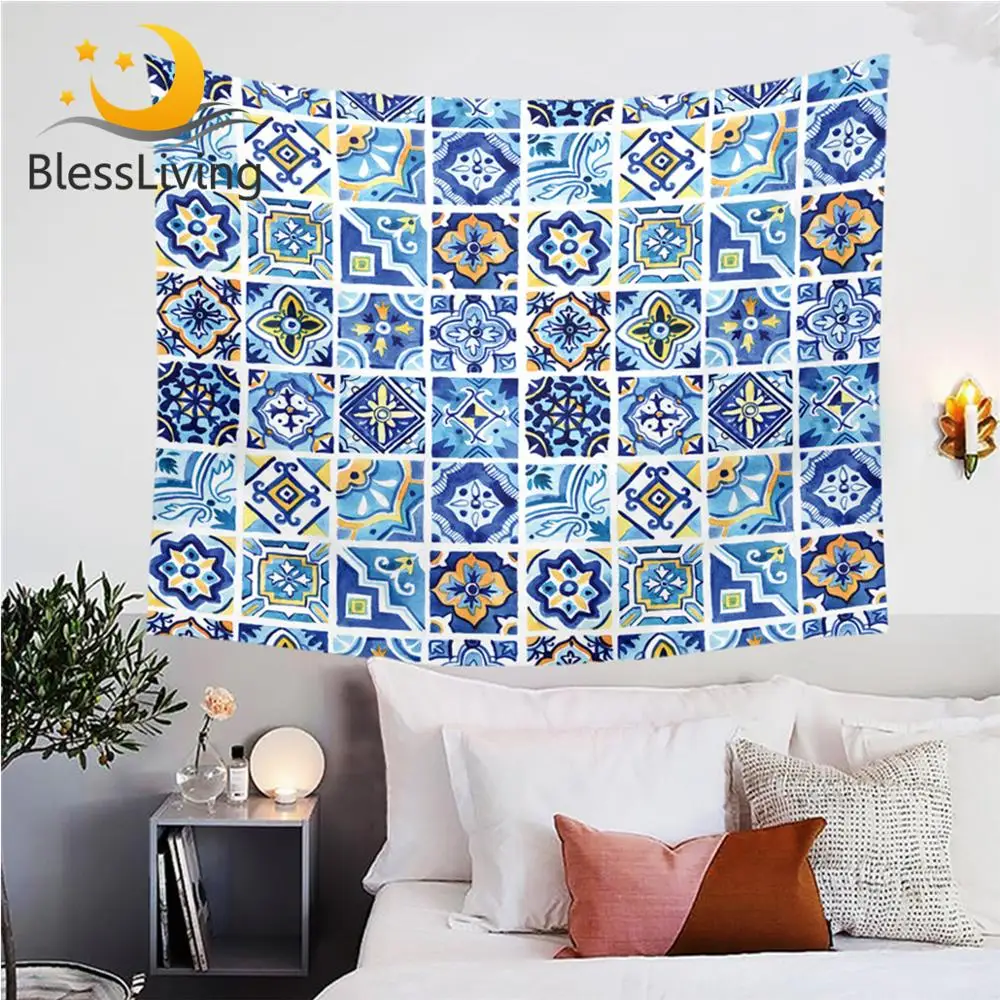 

BlessLiving Watercolor Tapestry Mediterranean Ceramics Wall Hanging Geometric Squares Wall Carpet Mandala Floral Bedspread Tapiz